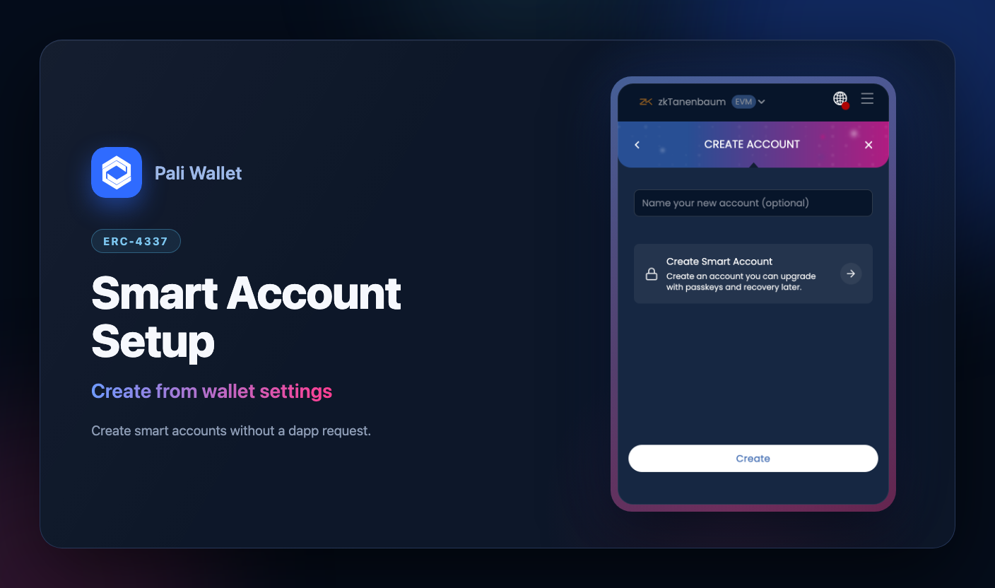 Pali settings screen for creating a smart account